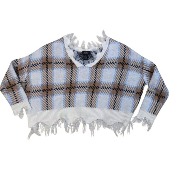 Just Polly Plaid Cropped Sweater Sz M Oversized Boxy Knit V-Neck Grunge Top - Picture 2 of 10